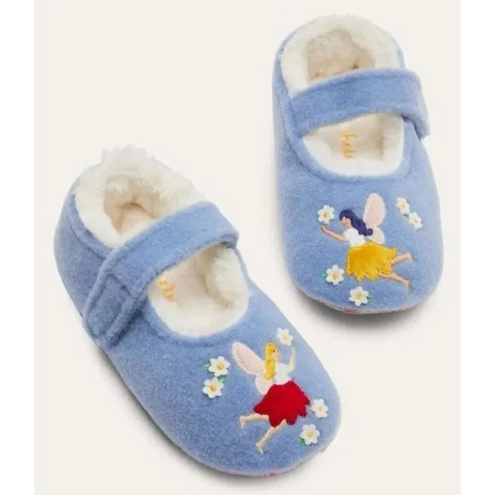 Mini Boden Girls Size 5 Blue Felt Fairy Design Faux Fur Lined Mary Jane Slippers